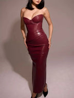 Women's Strapless Faux Leather Midi Dress – Elegant Bodycon Corset Dress for Parties & Evenings - Honeyvine