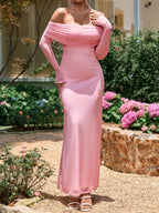 Women's Off Shoulder Maxi Dress – Elegant Long Sleeve Bodycon Evening Dress with Ruched Neckline - Honeyvine