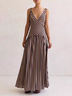 Women's Striped Maxi Dress – Sleeveless Deep V-Neck A-Line Summer Dress with Tie Straps - Honeyvine