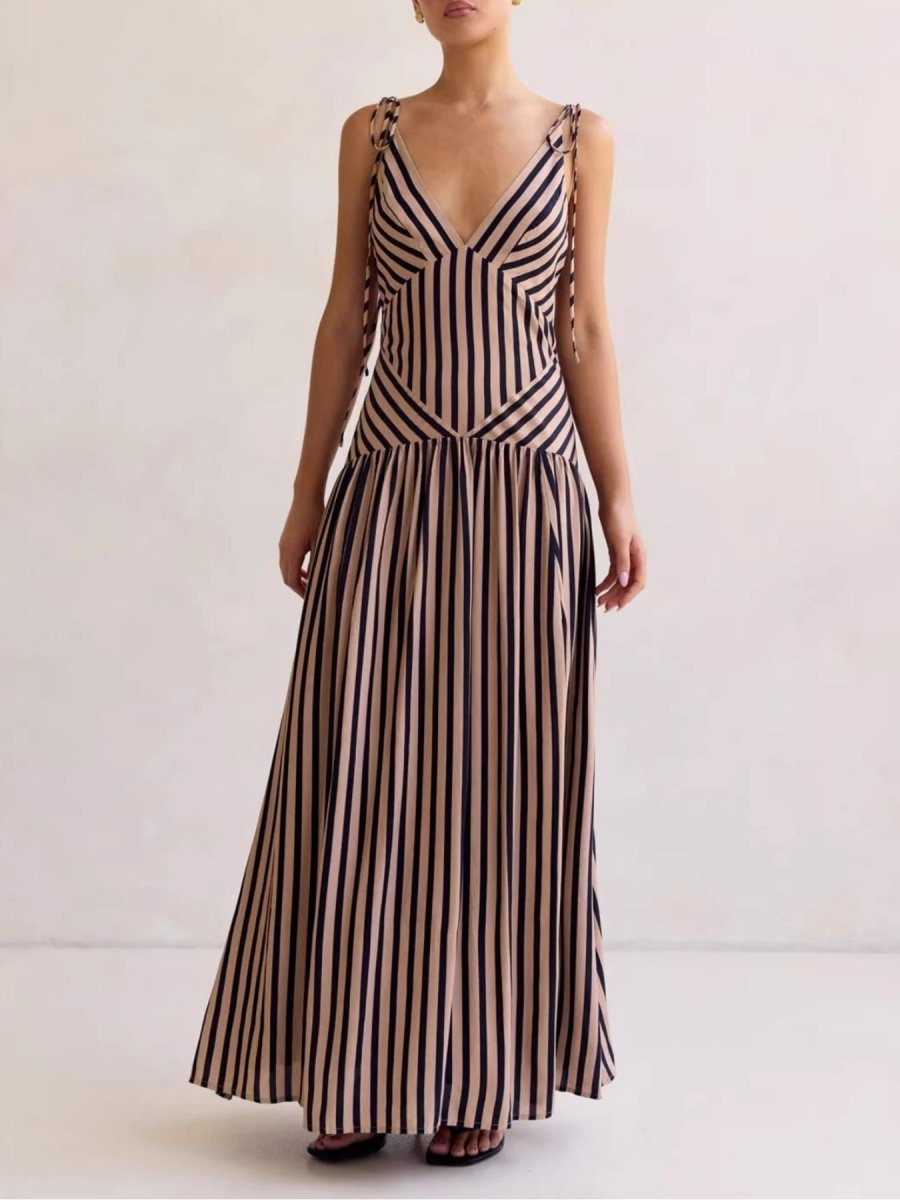Women's Striped Maxi Dress – Sleeveless Deep V-Neck A-Line Summer Dress with Tie Straps - Honeyvine