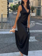 Meliora | Black Satin Lace Trim Evening Maxi Dress - HoneyvineDress