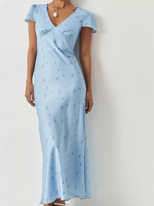 V-Neck Cap Sleeve Maxi Dress - Honeyvine