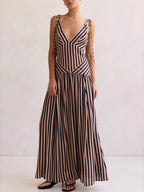 Women's Striped Maxi Dress – Sleeveless Deep V-Neck A-Line Summer Dress with Tie Straps - Honeyvine