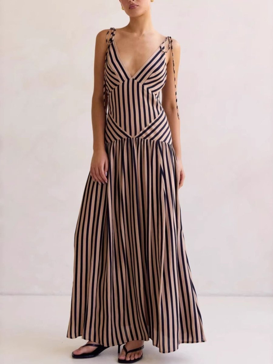 Women's Striped Maxi Dress – Sleeveless Deep V-Neck A-Line Summer Dress with Tie Straps - Honeyvine