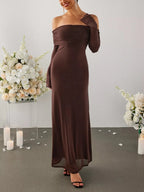 Women's Off Shoulder Maxi Dress – Elegant Long Sleeve Bodycon Evening Dress with Ruched Neckline - Honeyvine