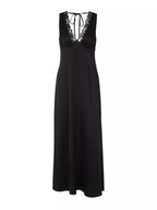 Meliora | Black Satin Lace Trim Evening Maxi Dress - HoneyvineDress