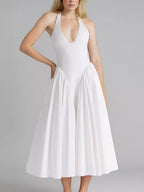 Mila | Elegant Deep V Neck Midi Summer Dress with Pockets - HoneyvineDress