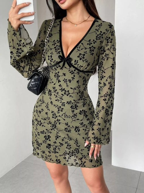 Alison | Sleek Floral Print Flare Sleeve Mini Dress - HoneyvineDress