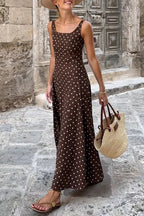 Women's Polka Dot Maxi Dress – Sleeveless A-Line Summer Dress with Square Neck - Honeyvine