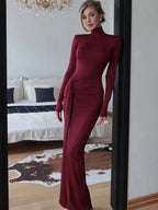 Tatiana | Elegant Turtleneck Tie Waist Maxi Dress - HoneyvineDress