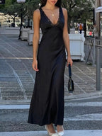 Meliora | Black Satin Lace Trim Evening Maxi Dress - HoneyvineDress