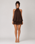 Chiffon Halter Mini Dress - Brown - HoneyvineDress