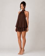 Chiffon Halter Mini Dress - Brown - HoneyvineDress