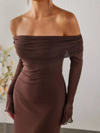 Women's Off Shoulder Maxi Dress – Elegant Long Sleeve Bodycon Evening Dress with Ruched Neckline - Honeyvine