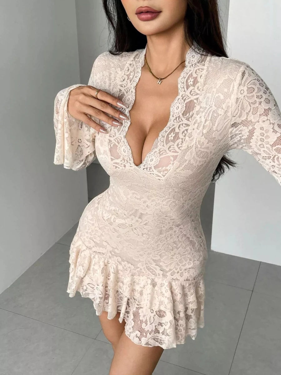 Camilla | Ethereal Floral Lace Deep V Neck Mini Dress with Ruffle Hem - HoneyvineDress