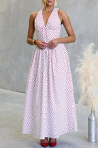 Backless Women's Polka Dot Halter Maxi Dress – Summer Dress with Deep V-Neck & Flowy A-Line Skirt - Honeyvine