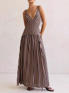 Women's Striped Maxi Dress – Sleeveless Deep V-Neck A-Line Summer Dress with Tie Straps - Honeyvine
