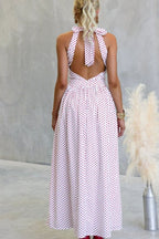 Backless Women's Polka Dot Halter Maxi Dress – Summer Dress with Deep V-Neck & Flowy A-Line Skirt - Honeyvine