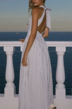 Backless Women's Polka Dot Halter Maxi Dress – Summer Dress with Deep V-Neck & Flowy A-Line Skirt - Honeyvine