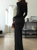 Women's High Neck Maxi Dress – Elegant Long Sleeve Bodycon Dress with Front Slit - Honeyvine