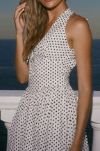 Backless Women's Polka Dot Halter Maxi Dress – Summer Dress with Deep V-Neck & Flowy A-Line Skirt - Honeyvine