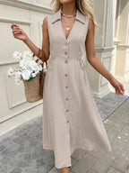 Samira | Classic Beige Linen Button-Down Midi Dress - HoneyvineDress