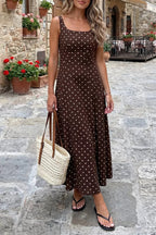 Women's Polka Dot Maxi Dress – Sleeveless A-Line Summer Dress with Square Neck - Honeyvine