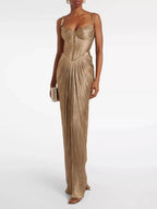 Elodie | Glamorous Gold Metallic Corset Bustier Pleated Maxi Dress - HoneyvineDress
