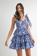 Fiona | Blue Vibrant Floral Layered Mini Dress - HoneyvineDress