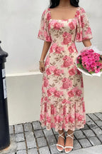 Thea | Romantic Pink Rose Floral Dress - HoneyvineDress