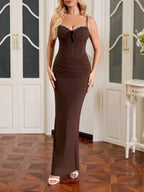 Lace Corset Maxi Dress – Elegant Bodycon Evening Dress with Ruched Skirt - Honeyvine
