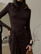 Tatiana | Elegant Turtleneck Tie Waist Maxi Dress - HoneyvineDress