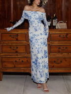 Women's Off Shoulder Maxi Dress – Elegant Long Sleeve Bodycon Evening Dress with Ruched Neckline - Honeyvine