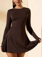 Long Sleeve Mini Dress – Elegant Fit & Flare Skater Dress with Crew Neck - Honeyvine