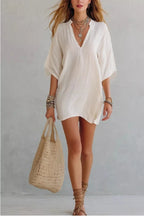 Zélia | Casual White Linen Oversized Mini Dress – Beach Cover Up - HoneyvineDress