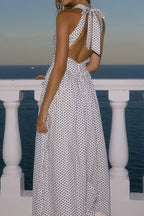 Backless Women's Polka Dot Halter Maxi Dress – Summer Dress with Deep V-Neck & Flowy A-Line Skirt - Honeyvine