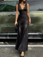 Meliora | Black Satin Lace Trim Evening Maxi Dress - HoneyvineDress