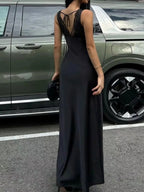 Meliora | Black Satin Lace Trim Evening Maxi Dress - HoneyvineDress