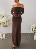 Women's Off Shoulder Maxi Dress – Elegant Long Sleeve Bodycon Evening Dress with Ruched Neckline - Honeyvine