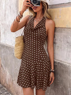 Livia | Flirty Brown Polka Dot Mini Vacation Dress - HoneyvineDress