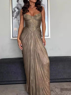 Elodie | Glamorous Gold Metallic Corset Bustier Pleated Maxi Dress - HoneyvineDress