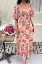 Thea | Romantic Pink Rose Floral Dress - HoneyvineDress