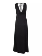 Meliora | Black Satin Lace Trim Evening Maxi Dress - HoneyvineDress