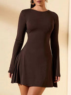 Long Sleeve Mini Dress – Elegant Fit & Flare Skater Dress with Crew Neck - Honeyvine