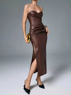 Women's Strapless Faux Leather Midi Dress – Elegant Bodycon Corset Dress for Parties & Evenings - Honeyvine