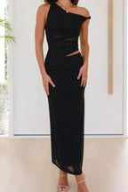 One Shoulder Cut Out Maxi Dress – Elegant Bodycon Evening Dress with Ruched Waist - Honeyvine