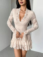 Camilla | Ethereal Floral Lace Deep V Neck Mini Dress with Ruffle Hem - HoneyvineDress