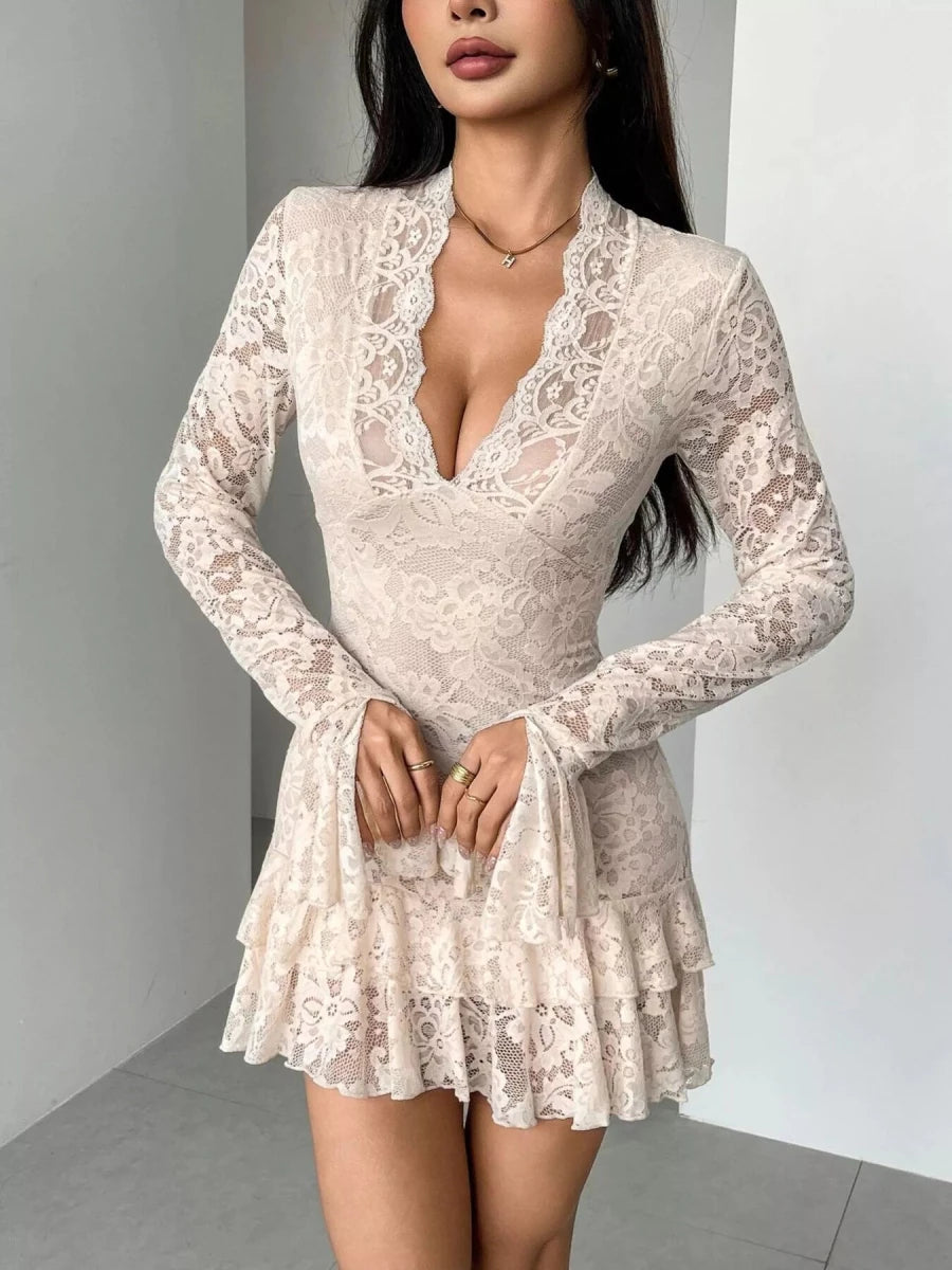 Camilla | Ethereal Floral Lace Deep V Neck Mini Dress with Ruffle Hem - HoneyvineDress