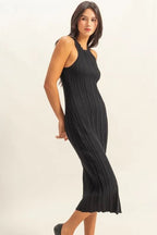 Amelia | Elegant Black Pleated Midi Summer Dress - HoneyvineDress