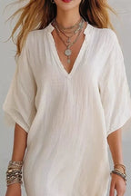 Zélia | Casual White Linen Oversized Mini Dress – Beach Cover Up - HoneyvineDress